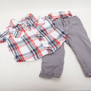 Old Navy Baby Boy 2-Piece Outfit 6–12 Months – Red Plaid Shirt & Gray Pants Set